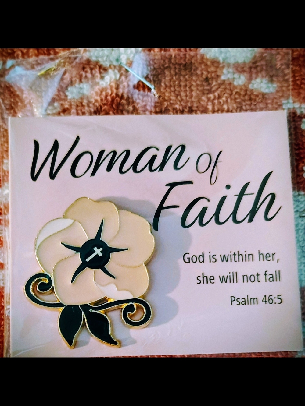 Woman of Faith Pink and Black Floral Enamel Pin